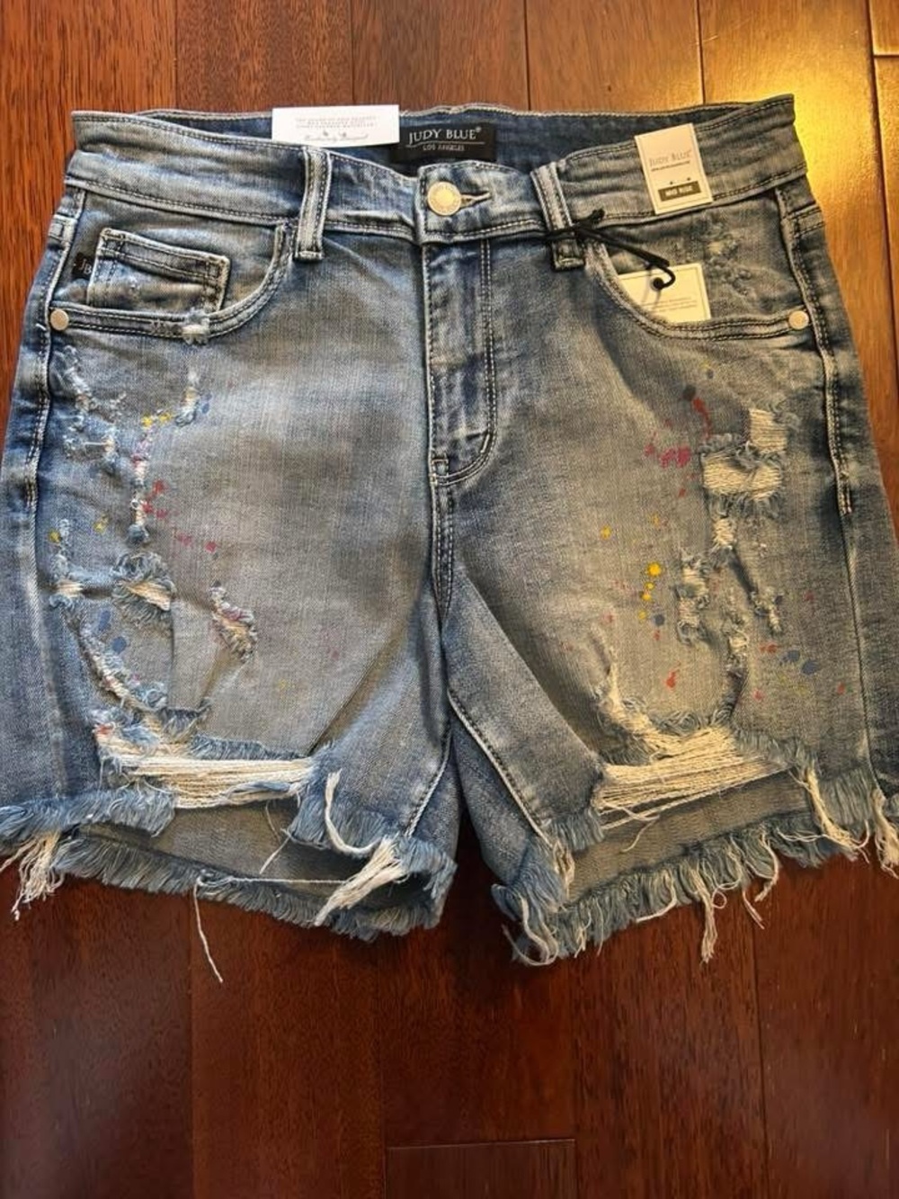 Judy Blue Medium Wash Distressed Denim Shorts with Paint Splatter